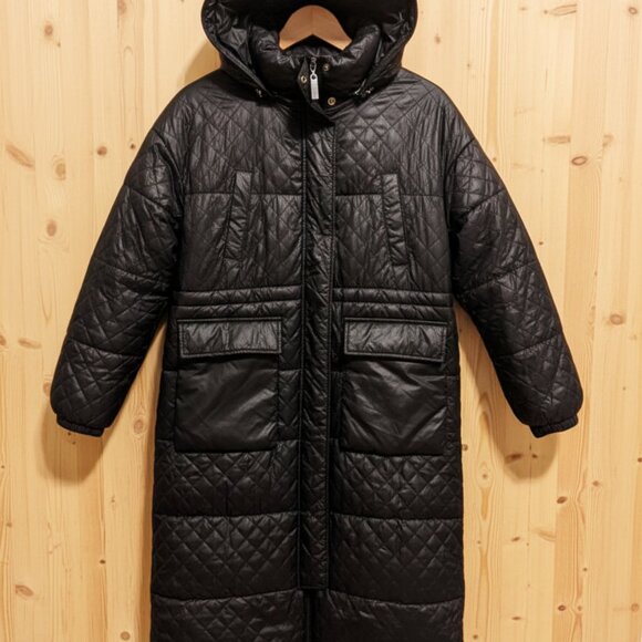 🧥 Women's Long Quilted Winter Parka, Black, SUPER WARM, Hooded Pockets. EXC (S) - Picture 2 of 9